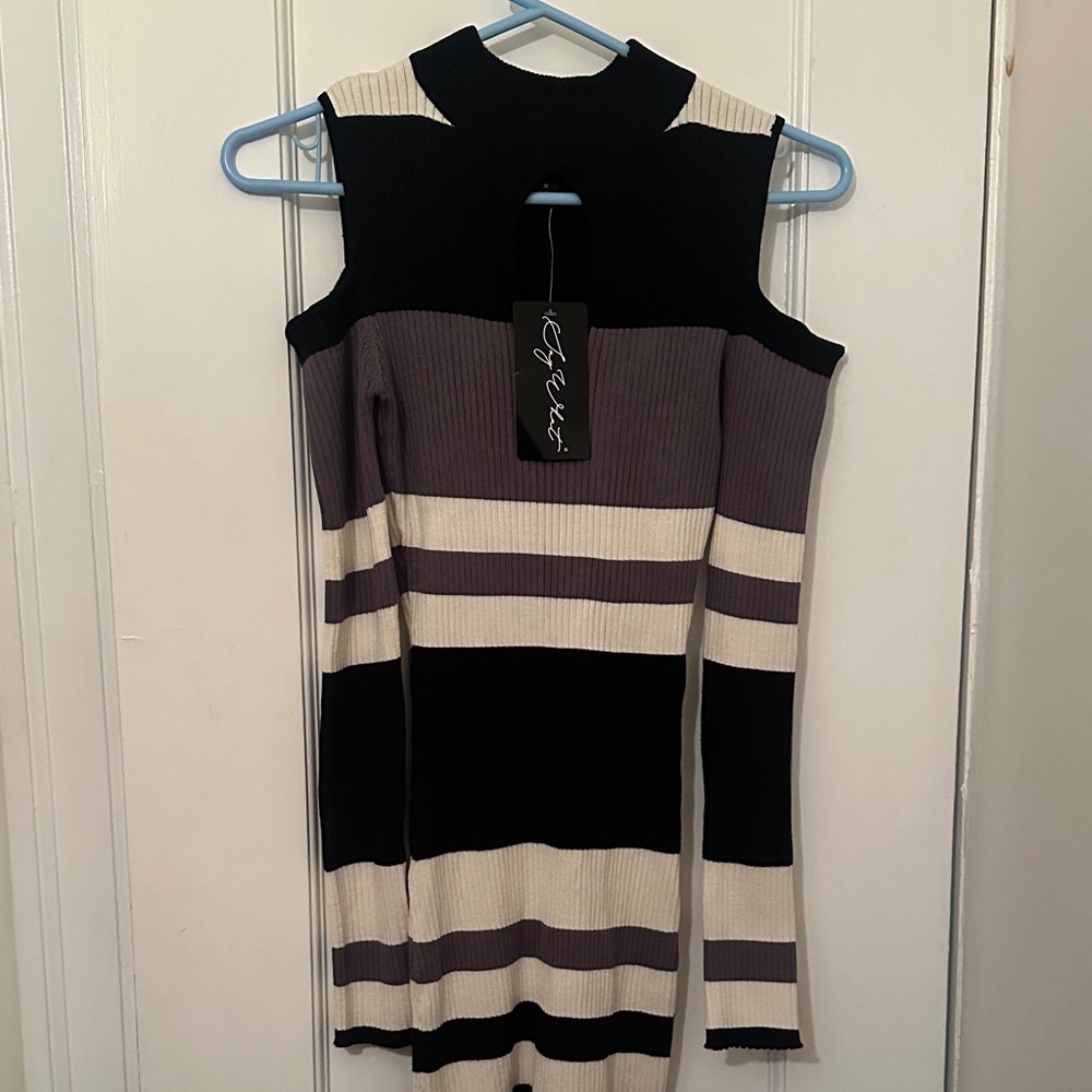 Say What? Black, Cream, and Grey Striped Dress